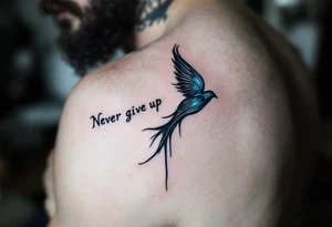 Never give up" written in black ink along the path of a soaring swallow, done in cool slate blue. tattoo idea
