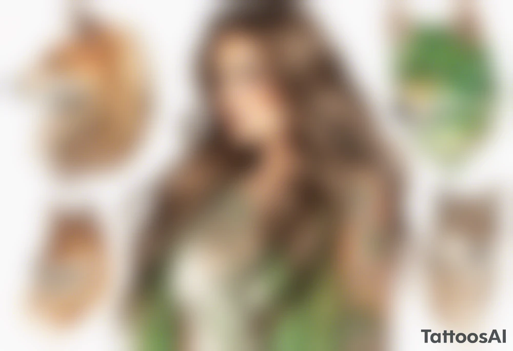 a woman with long brown hair with tan skin and green eyes wearing a fur tunic tattoo idea