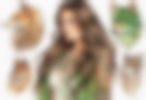 a woman with long brown hair with tan skin and green eyes wearing a fur tunic tattoo idea