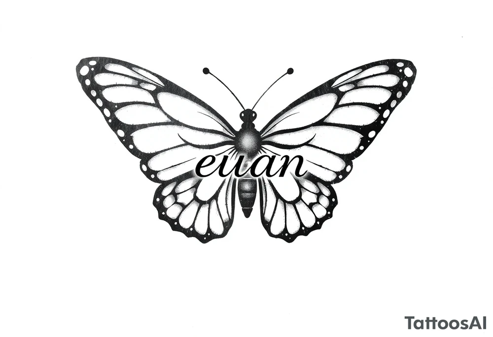 A butterfly with the name “euan” incorporated into it tattoo idea