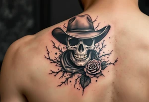 Full skeleton cowboy with rose in teeth tattoo idea