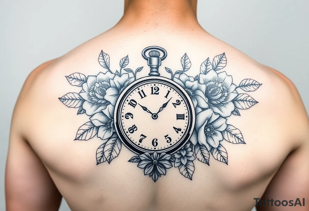 Female full sleeve black and white Mandela floral pocket watch tattoo idea