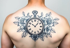 Female full sleeve black and white Mandela floral pocket watch tattoo idea