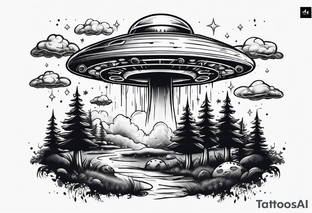 small ufo in sky above mushrooms and trees tattoo idea