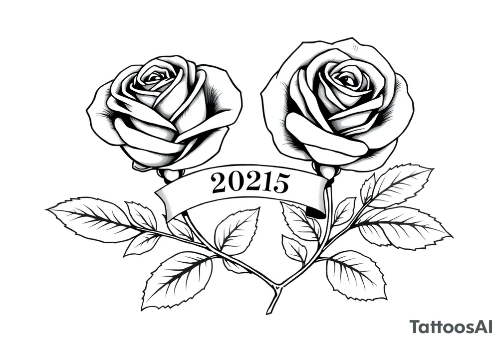 two beautiful large rose buds, one larger than the other, with many leaves next to the rose buds, with one sitting higher than the other. Include a banner connecting the two roses with the year 2025 on it.   Use dark outlines with little shading. The two stems should be short, not long, and connect and join into one stem, whimsically curved or twisted - not straight down. tattoo idea