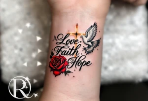 Elegant cursive script reading "Love, Faith, Hope" wrapped around a red rose, a white dove, and a glowing gold cross. tattoo idea