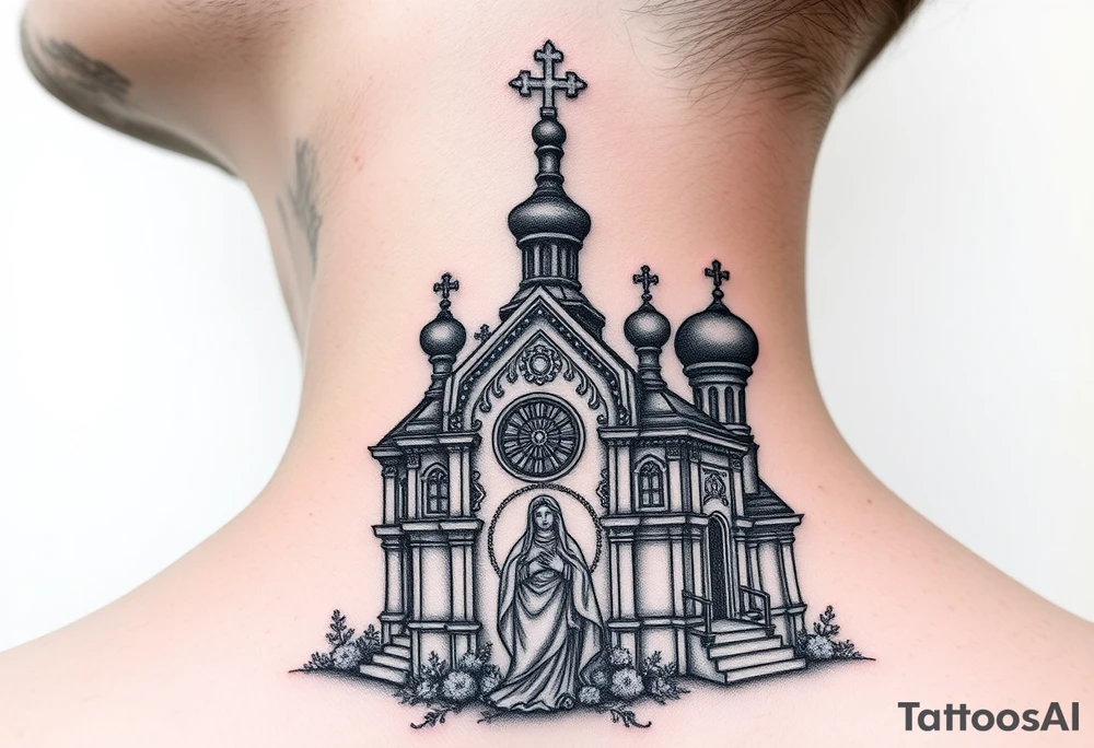 medium traditional russian orthodox church with a russian coat arms and virgin mary tattoo idea