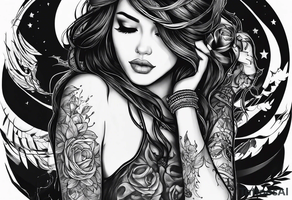 a girl listening to music along a dark road at night showing her shadow tattoo idea