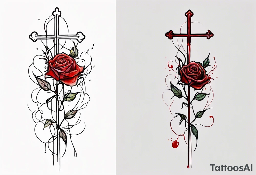 rose flower, one line, red blood dripping from the flower, tall, watercolor, with a Christian cross entangled by the stem tattoo idea