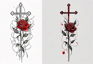 rose flower, one line, red blood dripping from the flower, tall, watercolor, with a Christian cross entangled by the stem tattoo idea