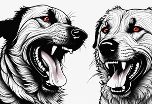 Create aggressive, vicious dog, maybe with some blood coming out of his mouth and saliva. Make it a drawing and use the image of reference. Make it more aggressive and angry with blood and saliva tattoo idea