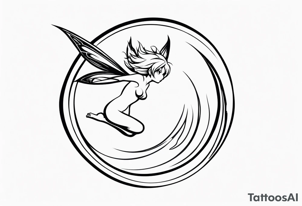 No color fairy with a tail inspired by the logo of the anime show called Fairy Tail in a fetal position leaning in and forward in the air flying tattoo idea