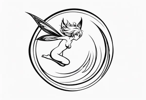 No color fairy with a tail inspired by the logo of the anime show called Fairy Tail in a fetal position leaning in and forward in the air flying tattoo idea