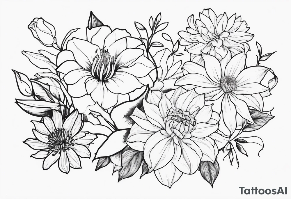 Lillies, roses, morning glories, chrysanthemums tattoo idea