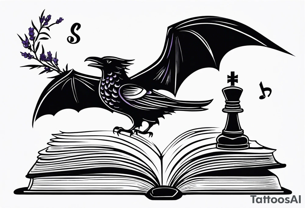 an open book with a dragon flying over, a pawn chess piece to the right, a single music note just above, a raven perched on the book corner with a sprig of lavender in its mouth tattoo idea