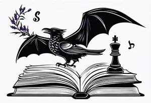 an open book with a dragon flying over, a pawn chess piece to the right, a single music note just above, a raven perched on the book corner with a sprig of lavender in its mouth tattoo idea