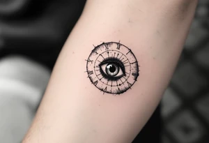 A surreal clock with an eye in place of the dial, eyelids opening like doors, intricate detail, realistic shading, black and gray. tattoo idea