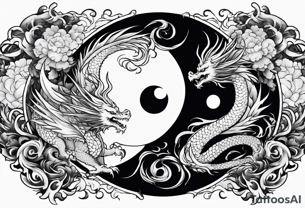 Dragon and phoenix fighting on a yin yang plate tattoo idea