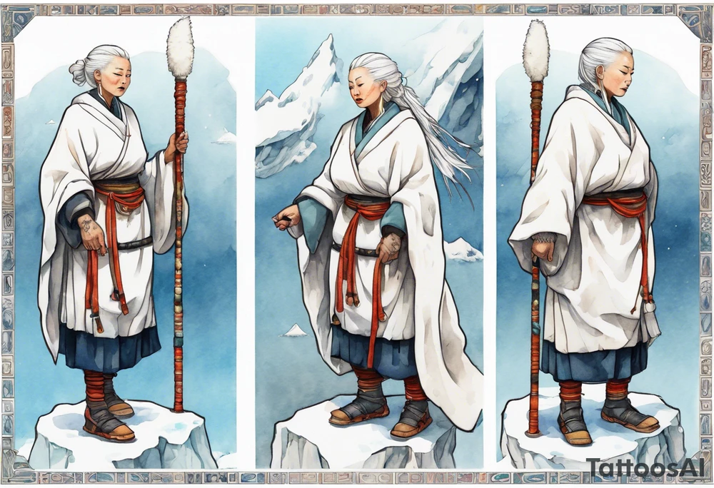 a 40 year old Sami woman with white hair and a white robe holding a white staff, standing on an iceberg tattoo idea