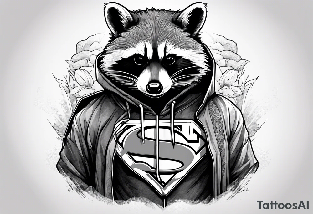 raccoon wearing a Superman hoodie tattoo idea