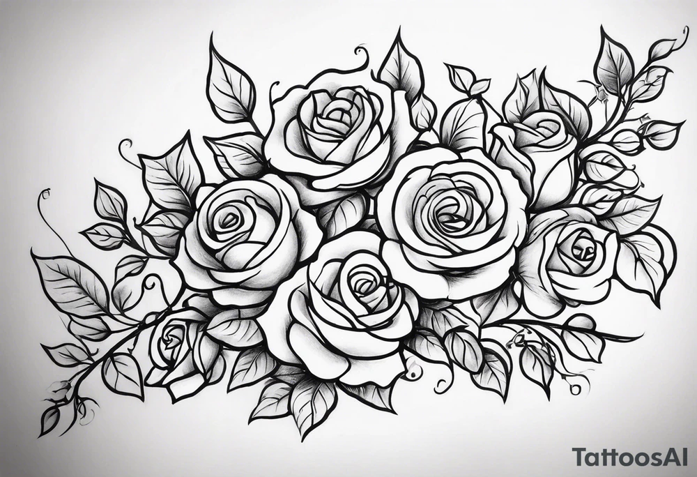 draw image of sleeve tattoo that has 65 small roses on a vine, they can be different sizes. It is long and narrow in design so it fits on an arm. The vine has some leaves and thorns but not too many. The roses will be a mix of small and medium size with some front on and others side on. tattoo idea