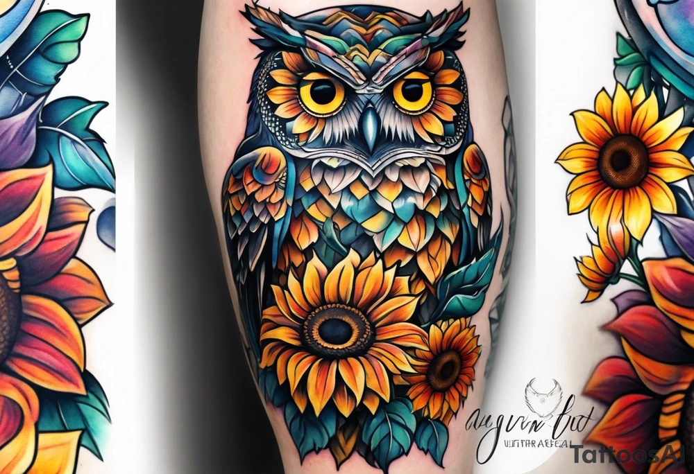 Leg sleeve with colorful sunflowers and an owl tattoo idea