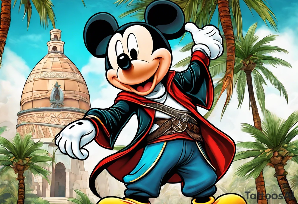 mickey mouse as assassins creed character with palm trees tattoo idea