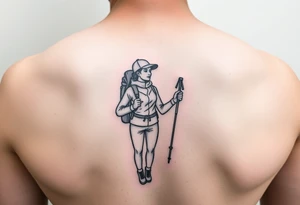 one line tattoo with a woman holding hiking poles and hiking tattoo idea