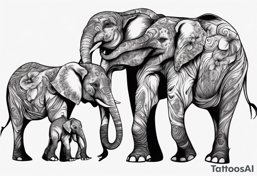 family of elephants including a mom and dad, 4 children, one of which is deceased. tattoo idea