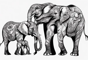 family of elephants including a mom and dad, 4 children, one of which is deceased. tattoo idea