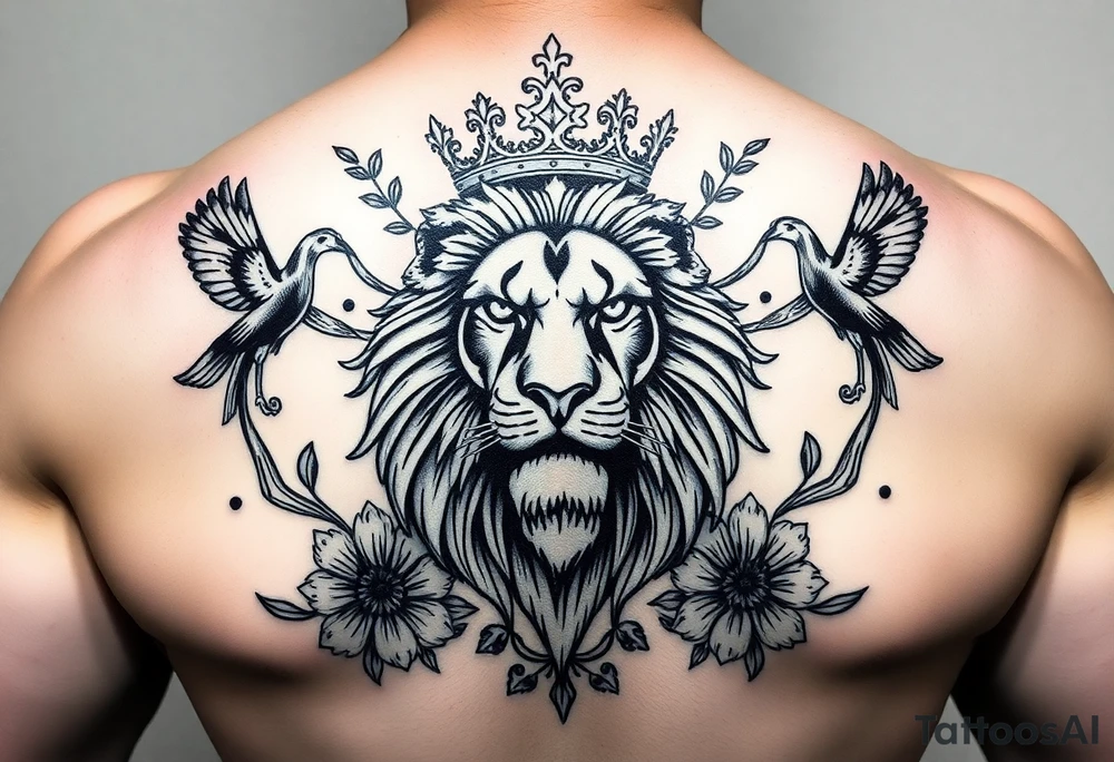 powerful majestic lion with a crown, surrounded by floral ornaments and birds tattoo idea
