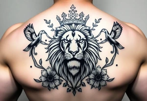 powerful majestic lion with a crown, surrounded by floral ornaments and birds tattoo idea