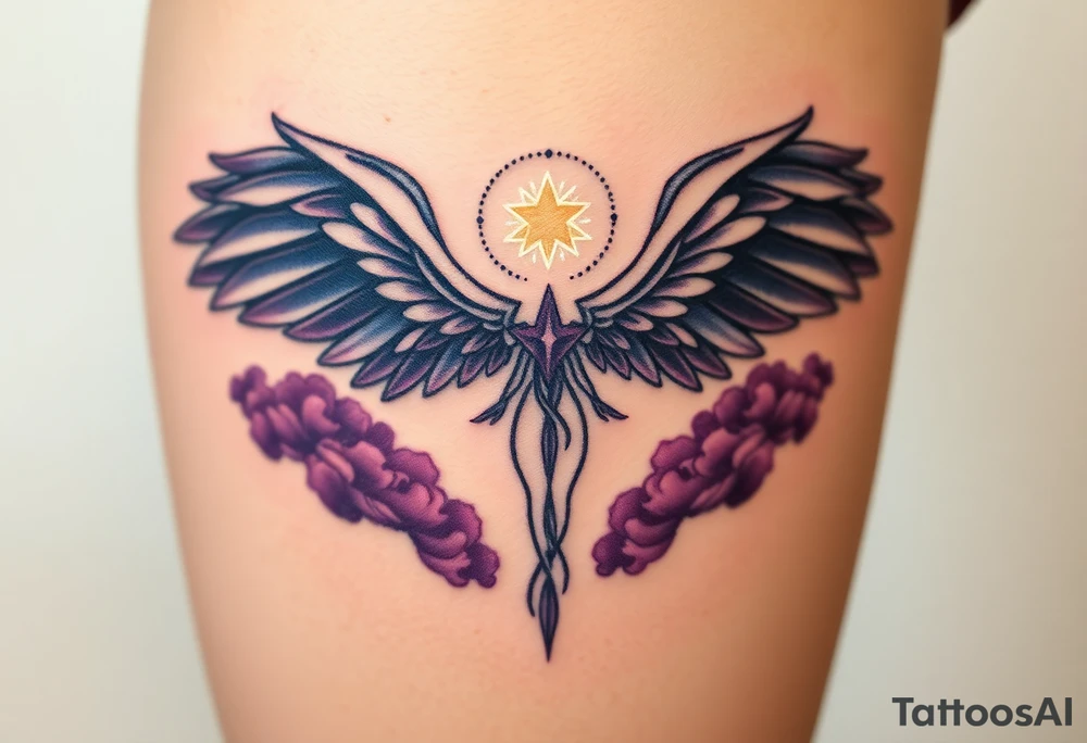 A celestial seletal angel figure  with dark wings and a radiant star in the center of its chest, surrounded by clouds of dark blue and deep purple. tattoo idea