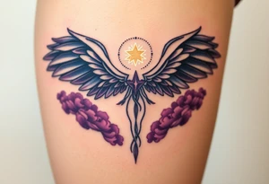 A celestial seletal angel figure  with dark wings and a radiant star in the center of its chest, surrounded by clouds of dark blue and deep purple. tattoo idea