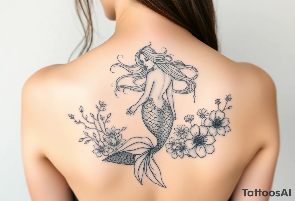 ethereal mermaid with flowing hair among coral and sea flowers tattoo idea