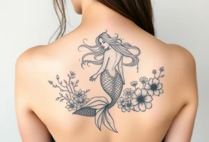 ethereal mermaid with flowing hair among coral and sea flowers tattoo idea