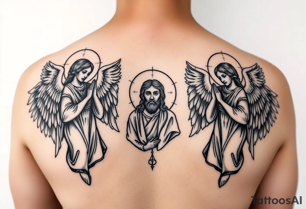 russian orthodox symmetrical guardian angel icon on left and right side of back with both angels holding up a jesus potrait tattoo idea