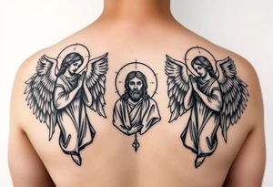 russian orthodox symmetrical guardian angel icon on left and right side of back with both angels holding up a jesus potrait tattoo idea