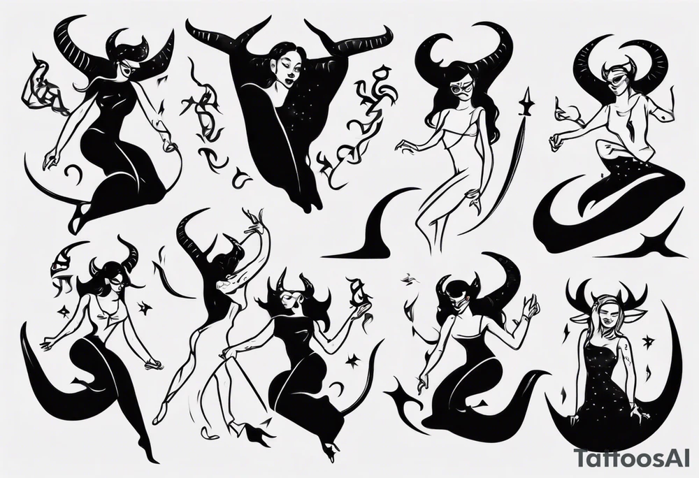 female dancing with devil horns tattoo idea