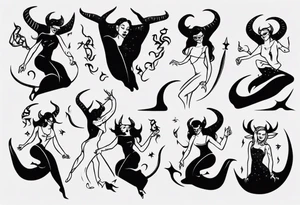 female dancing with devil horns tattoo idea