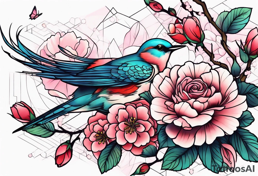 Japanese cherry blossom with birds, butterflies and rose tattoo idea
