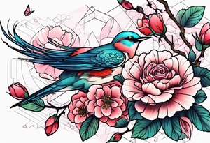 Japanese cherry blossom with birds, butterflies and rose tattoo idea