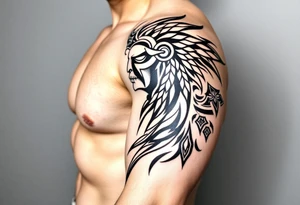 Gladiator on the shoulder with tribal markers down the arm tattoo idea