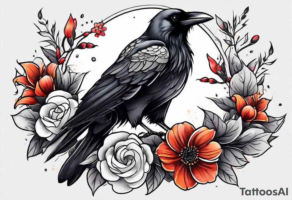 crow and flowers half sleeve tattoo idea