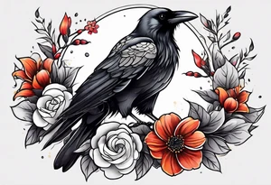 crow and flowers half sleeve tattoo idea