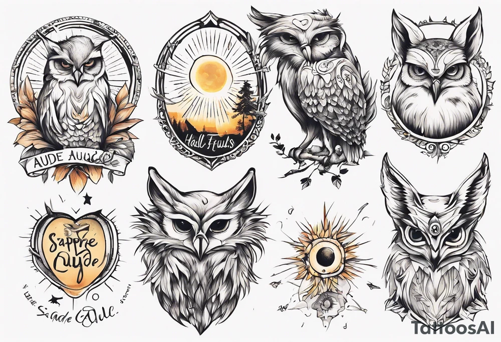 halb 
Fuchs halb Eule unter der Sonne mit dem Schriftzug Sapere Aude tattoo idea