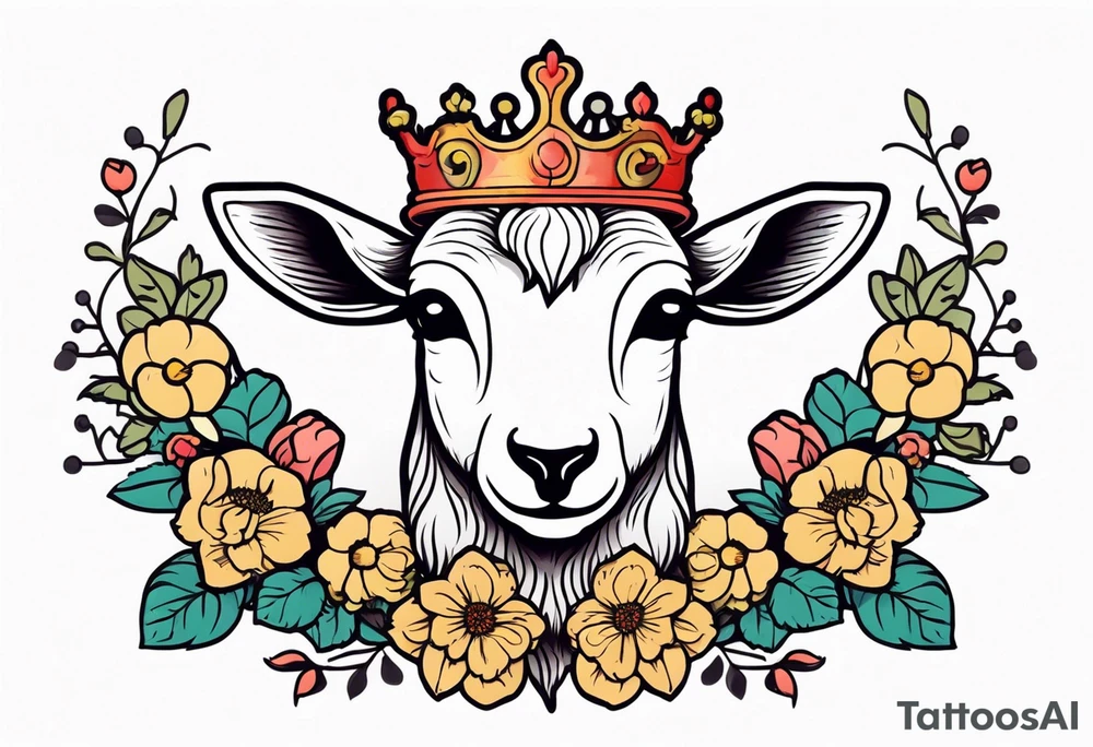 old school vintage traditional style design of lamb with crown on head and vintage flowers surrounding it bold color tattoo idea