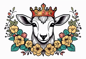 old school vintage traditional style design of lamb with crown on head and vintage flowers surrounding it bold color tattoo idea