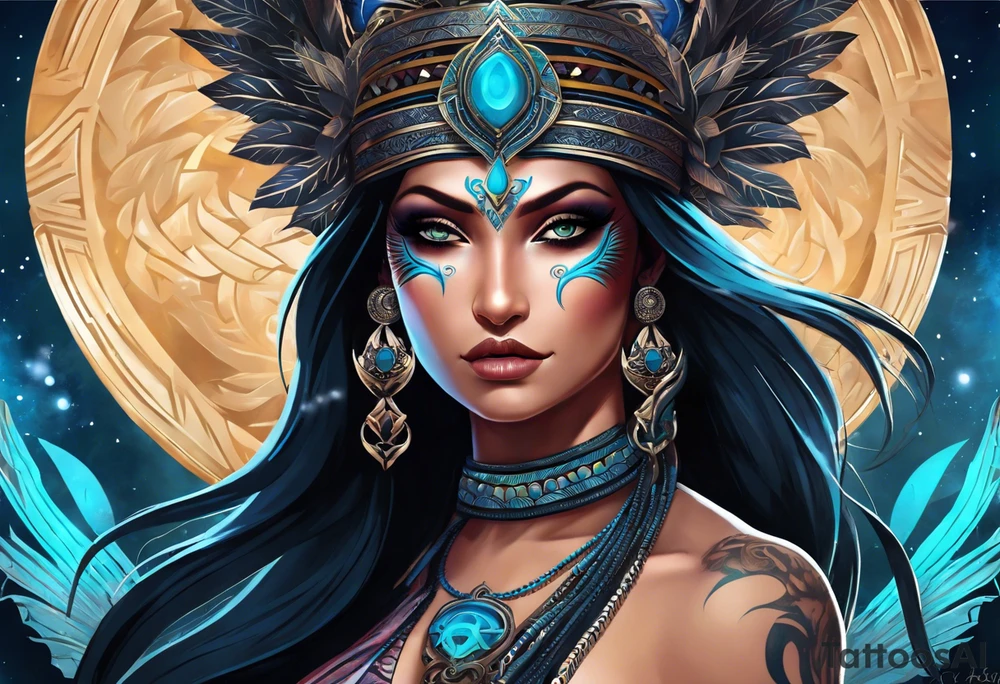 kali ma, alien goddess, valkrye, aries, cosmic pirate, divine feminine, zenza resonance, pachamama, lotus azul, blank panther, eagle, skull, 5D, nueva gaya, dna 12, left side chest tatoo tattoo idea