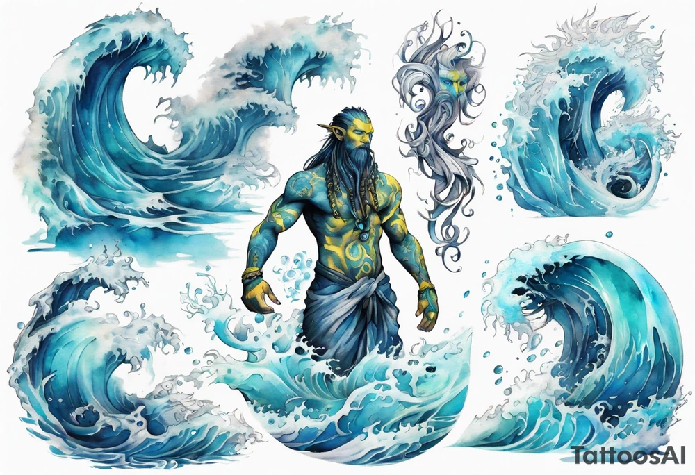 a Na'vi standing in the sea surrounded by crashing waves tattoo idea